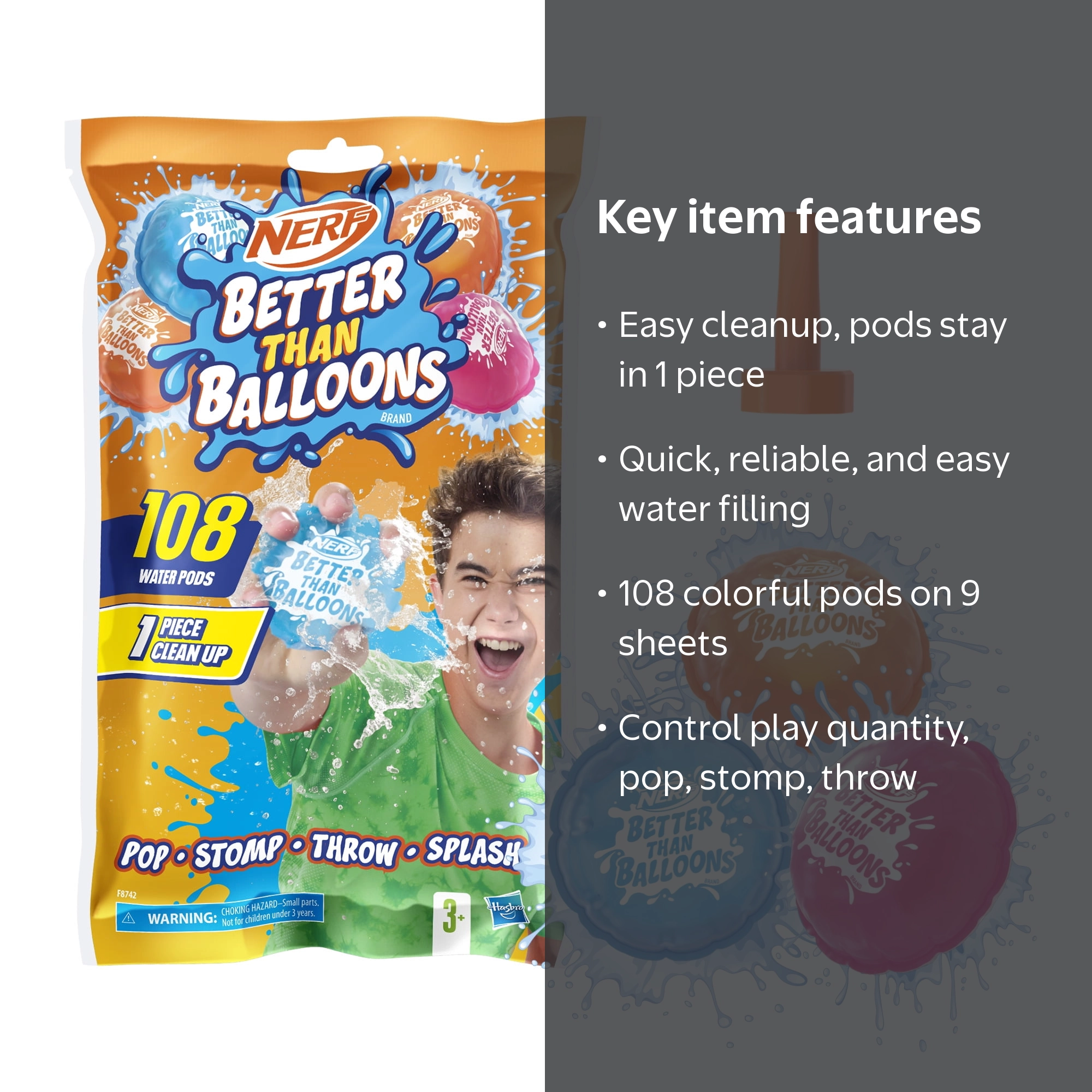 Nerf, Water Toys, 108 Water Pods, Multicolor, Easy 1-Piece Clean