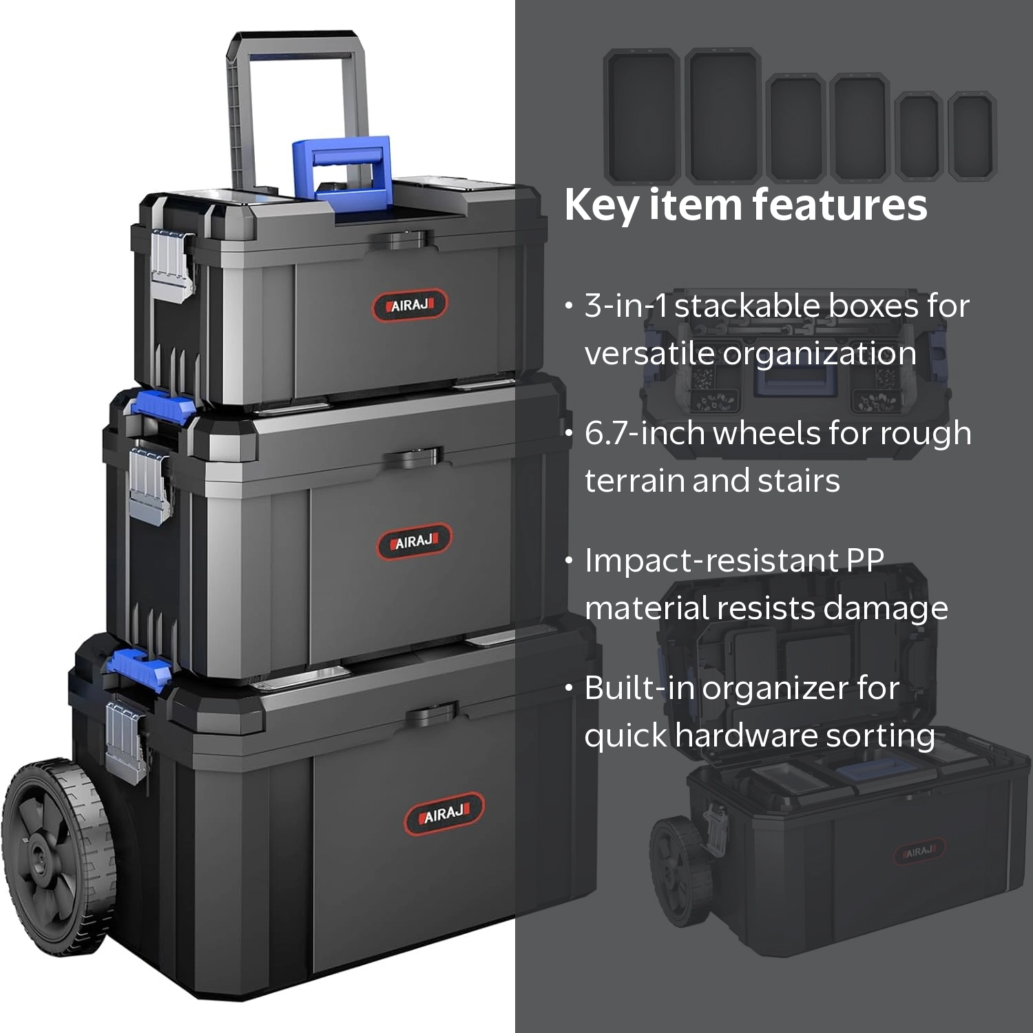 Airaj, 3-in-1 Modular Rolling Tool Box, Blue, Wheels - Walmart.com