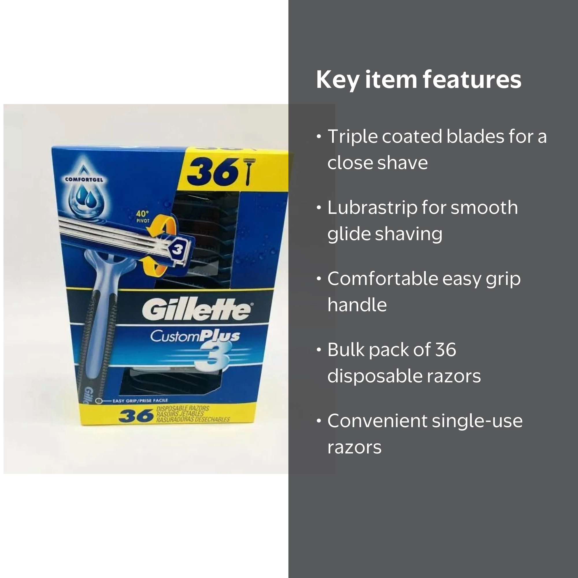 Gillette, Custom Plus3 Disposable Razors, 36-ct, Easy Grip Handle