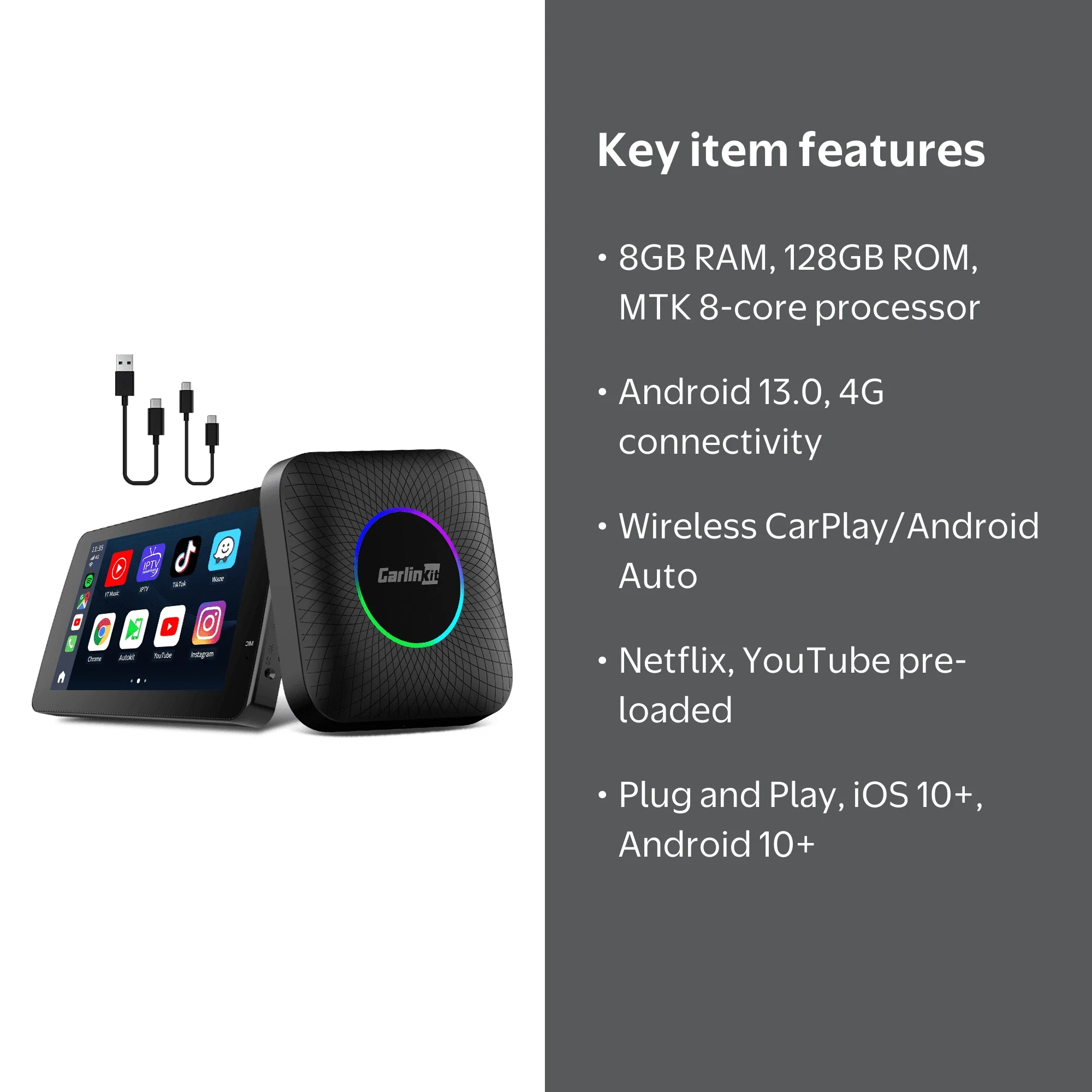 Carlinkit plus Android13.0 8GB＋128GB Carlinkit, Wireless CarPlay Adapter, Android 13, 8GB+128GB