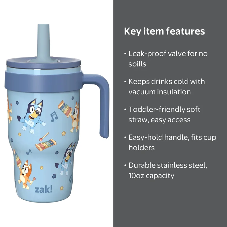 Zak Designs Bluey 10oz Mini Cruiser Tumbler, Soft Straw Stainless