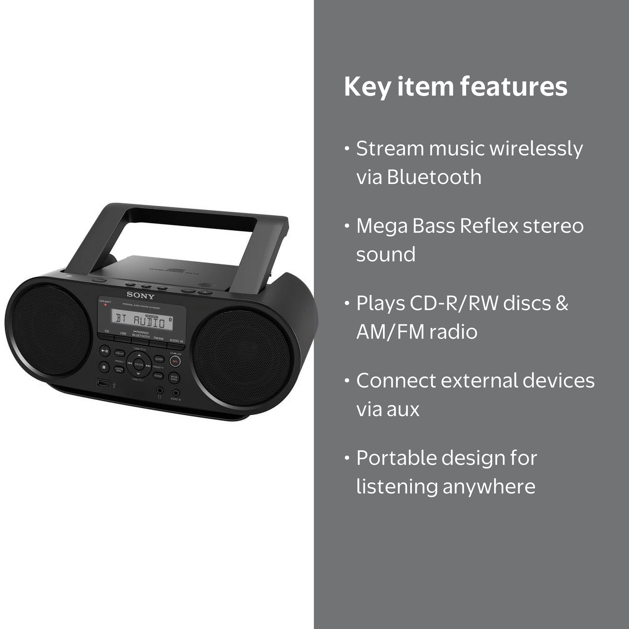 Sony Bluetooth Portable CD Player with AM/FM Radio, Mega Bass