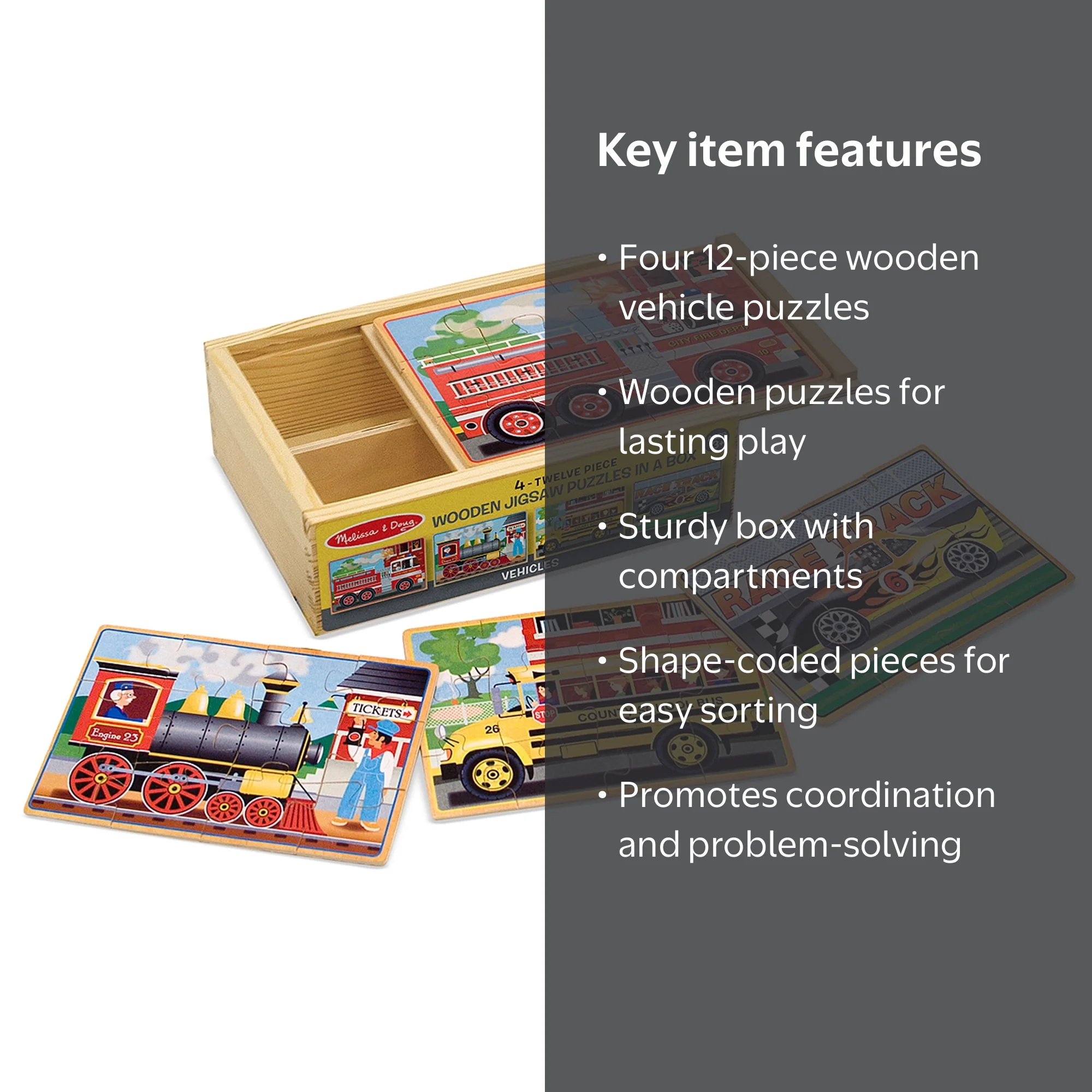 Melissa & Doug FSC Certified 4-in-1 Wooden Vehicle Jigsaw Puzzles