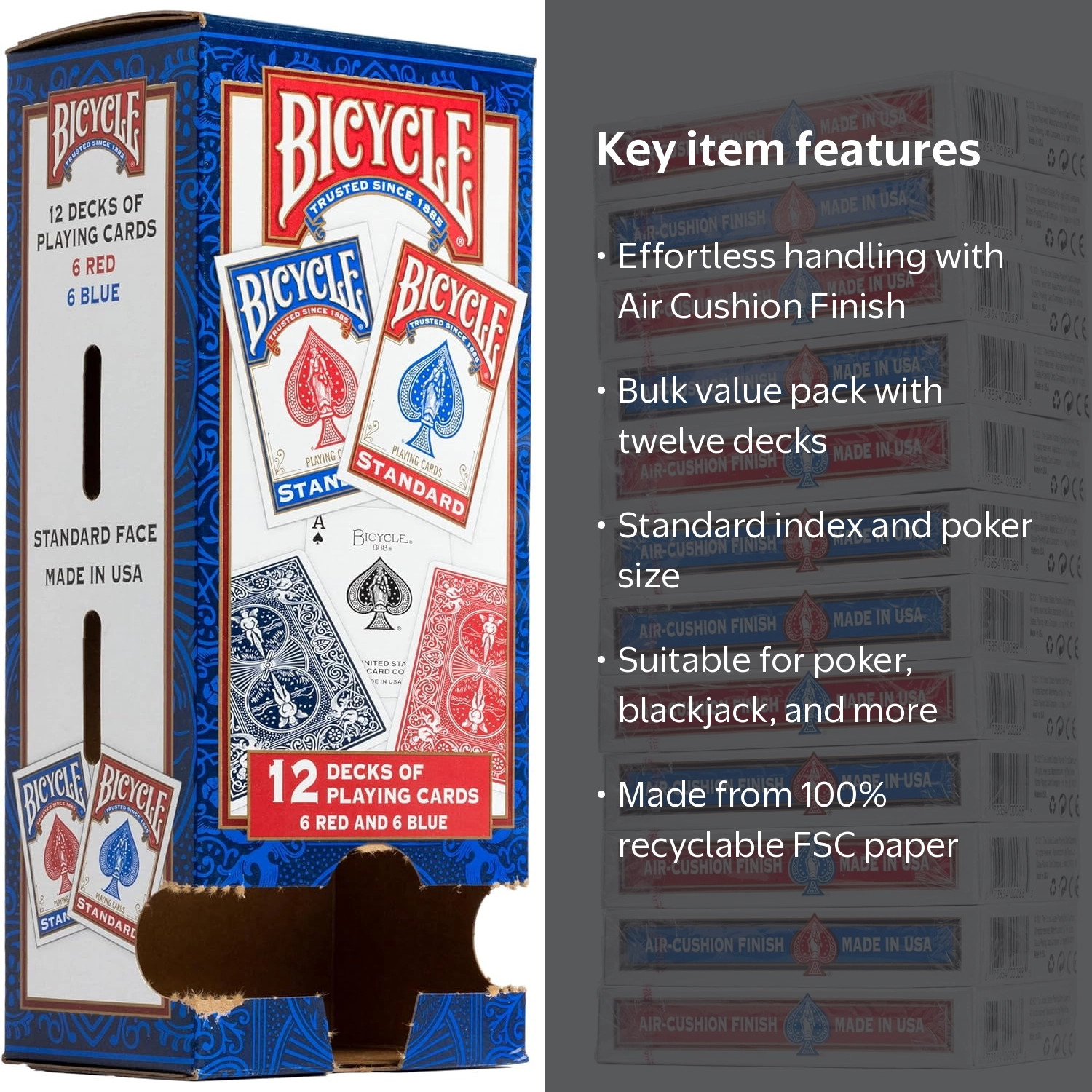 Bicycle, Playing Cards, Standard Index, 12-Pack, Blue and Red