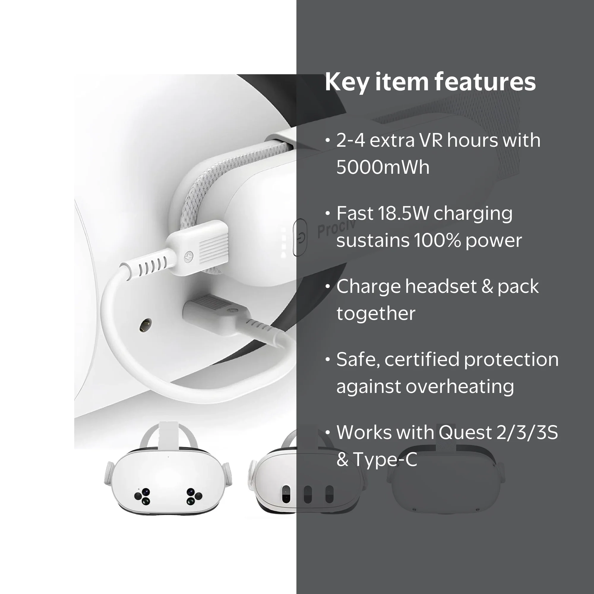 Prociv Battery Pack for Oculus Quest 2/3/3S, 5000mWh, 18.5W Fast