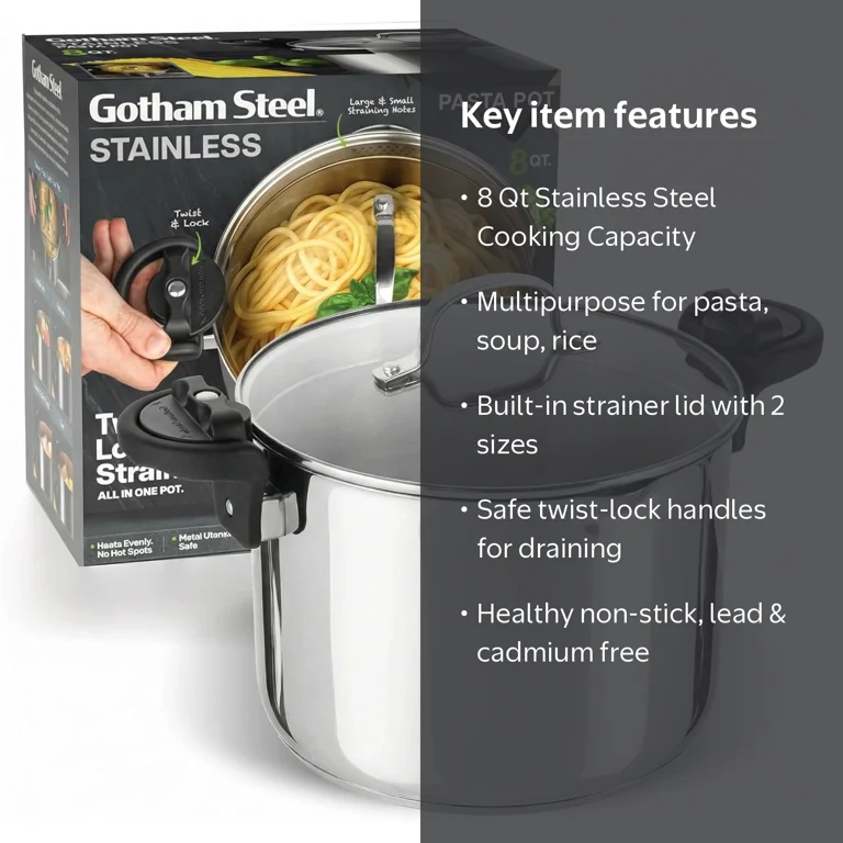 Gotham Steel, Stock Pot, 8 Qt, Stainless Steel, Multipurpose