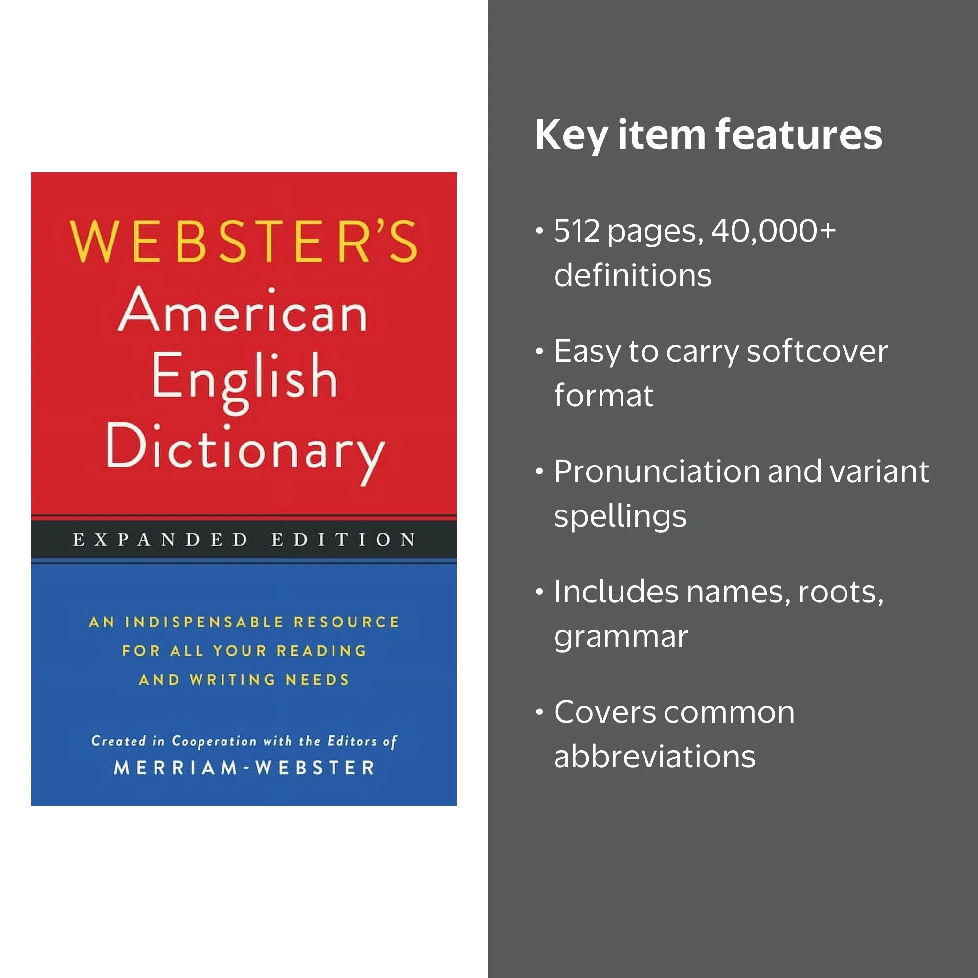 Merriam-Webster, Dictionary, Expanded Edition, Paperback, 512