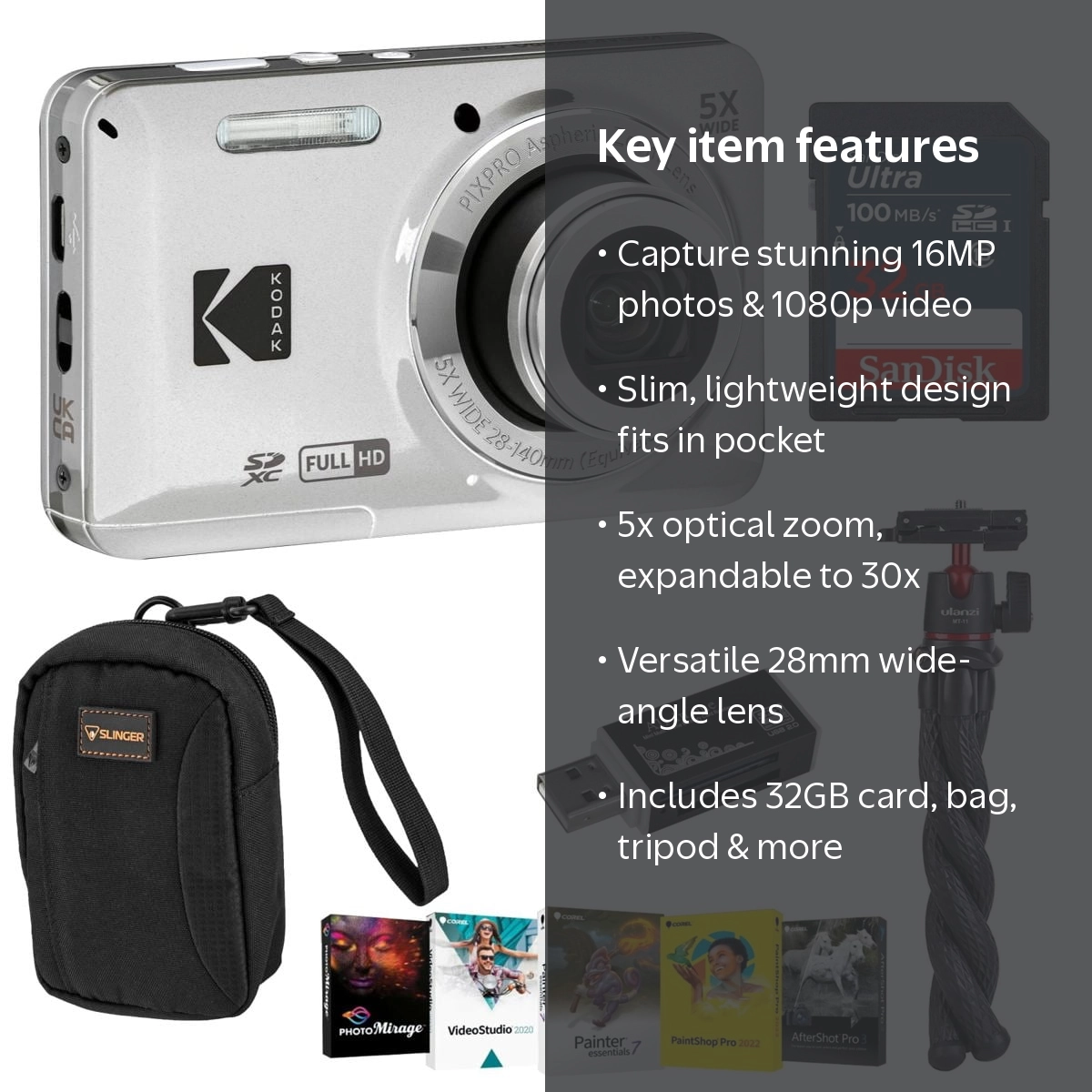 Kodak PIXPRO FZ55 Friendly Zoom Digital Camera, Silver, With SD