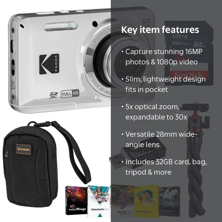 Kodak PIXPRO FZ55 Friendly Zoom Digital Camera, Silver, With SD