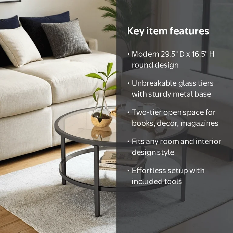 DIYART, Black Glass Coffee Table, 29.5