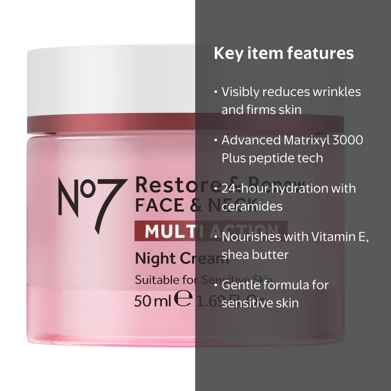 No7 Anti-Aging Skin Moisturizing Night Cream, Restore & Renew Face