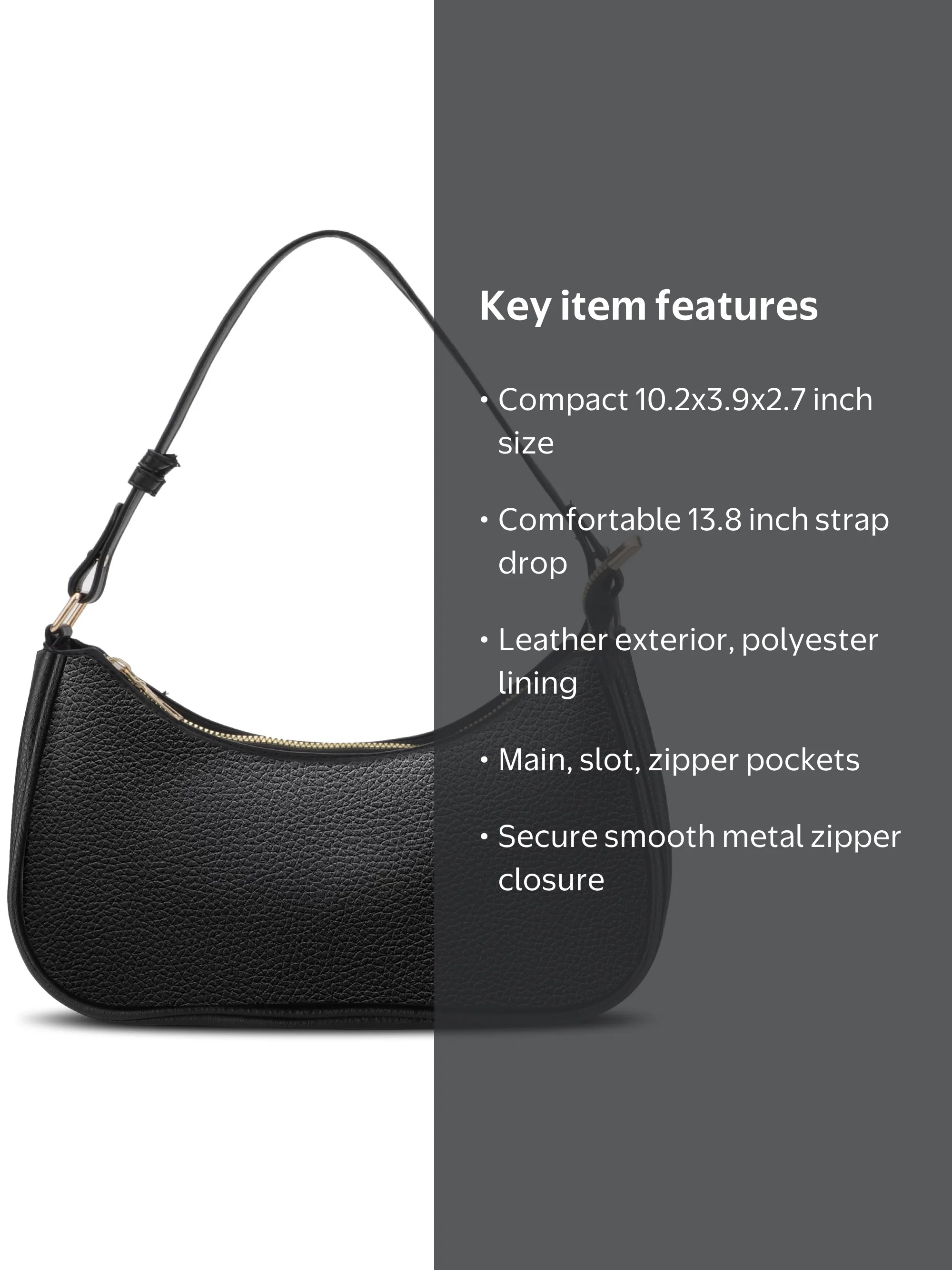 TSV Small Leather Shoulder Bag, Black Handbag with Zipper Closure