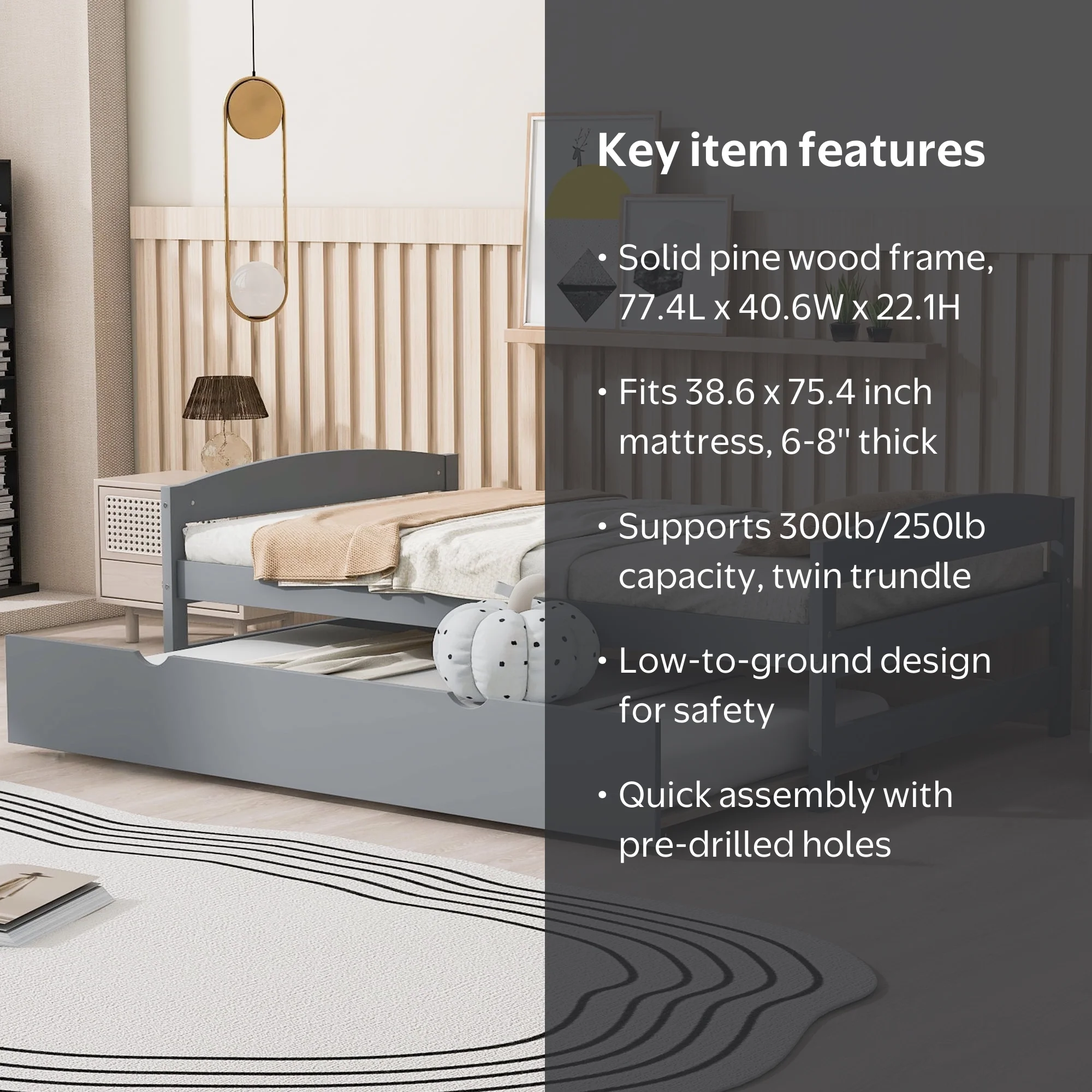 EUROCO Twin Size Platform Bed Frame with Trundle, Low Profile Easy
