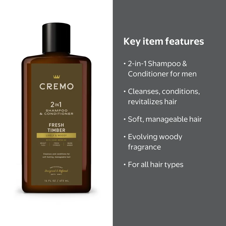 Cremo 2-in-1 Men's Shampoo and Conditioner, Fresh Timber Scent, 16