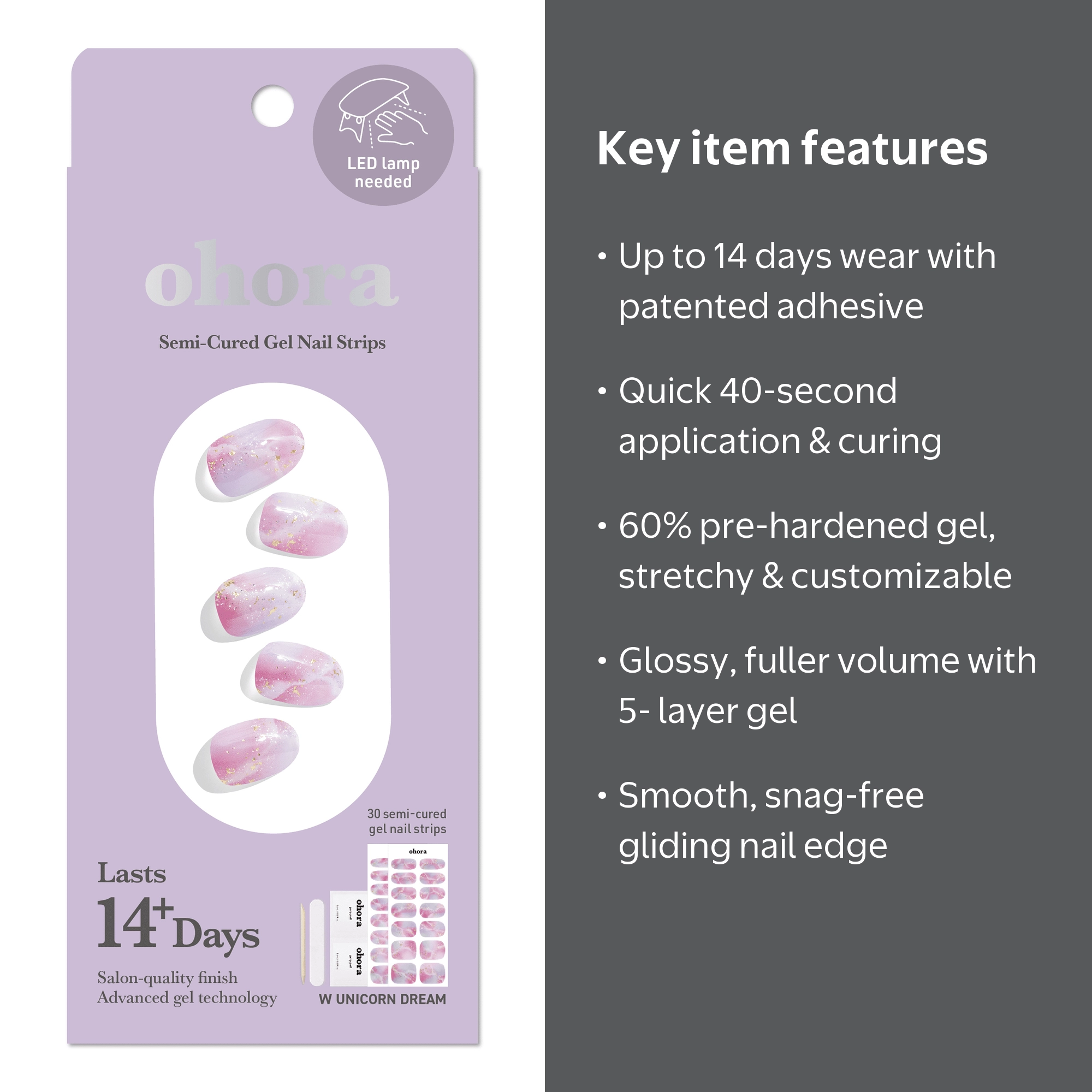 ohora, Semi-Cured Gel Nail Strips, Unicorn Dream, Long-Lasting 14