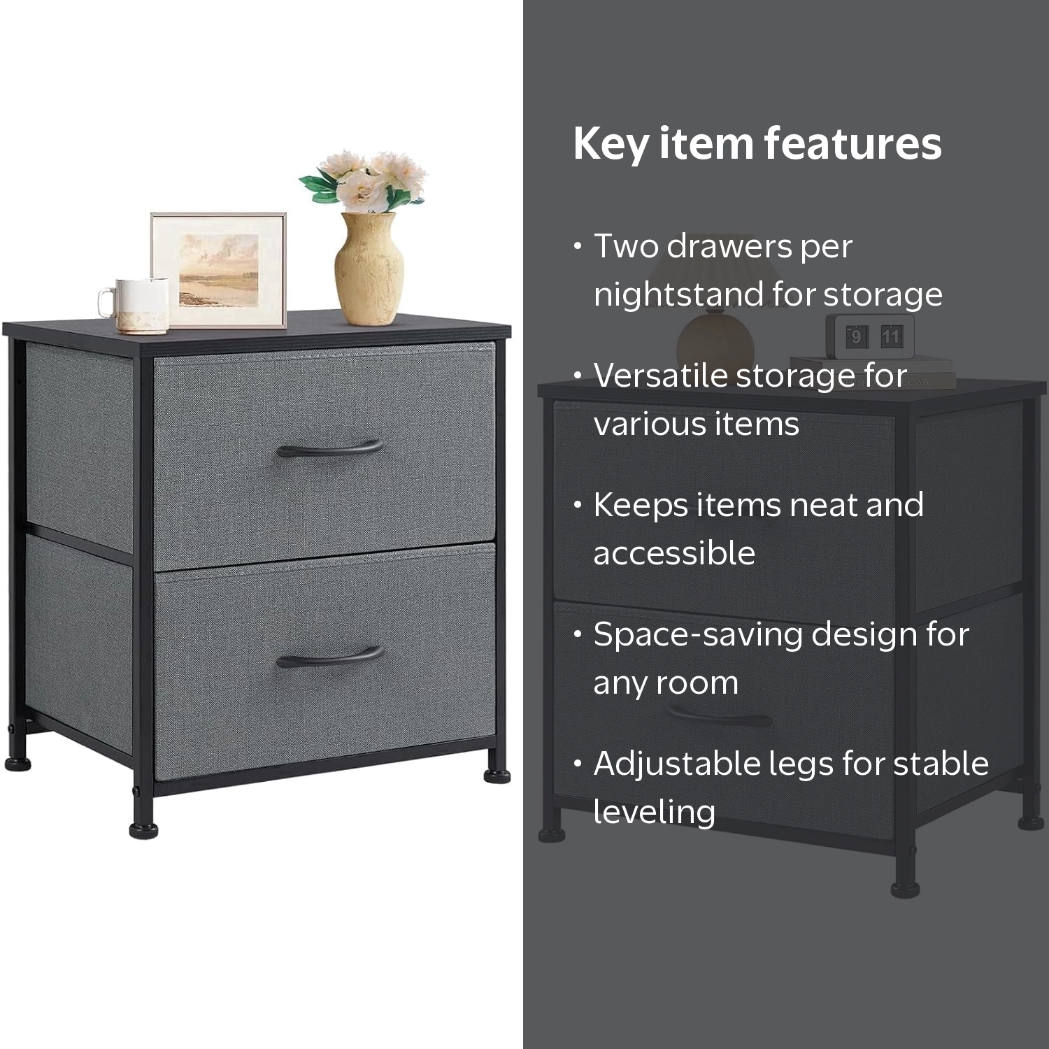 ZUNMOS Nightstand Set of 2, Grey Compact Nightstands with 2 Fabric