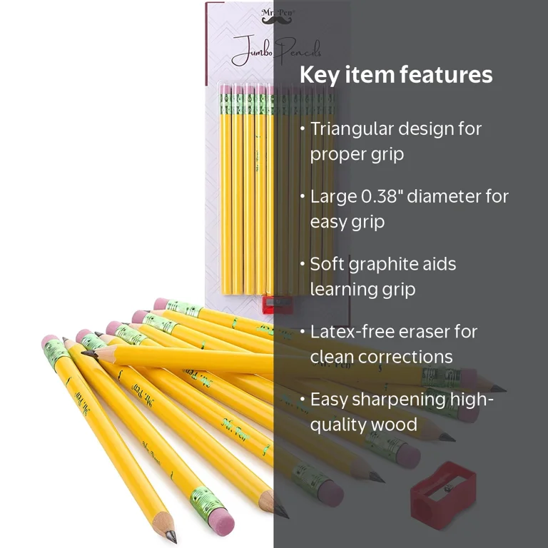 Jumbo Pencils for Back to School & College, 10-Pack with Sharpener