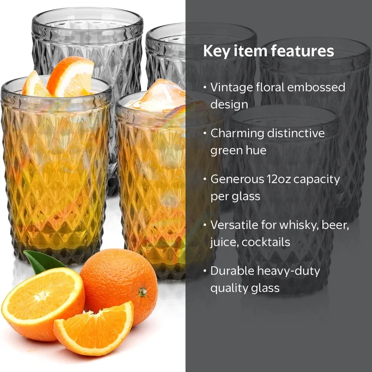 NANAHuang Vintage Drinking Glass Set of 4,12 oz Embossed Floral Drinkware Set,Green Drinking Glasses Cups Wine Glasses Colored Glassware for Whisky,Beer,Juice,Cocktail,Heavy Duty