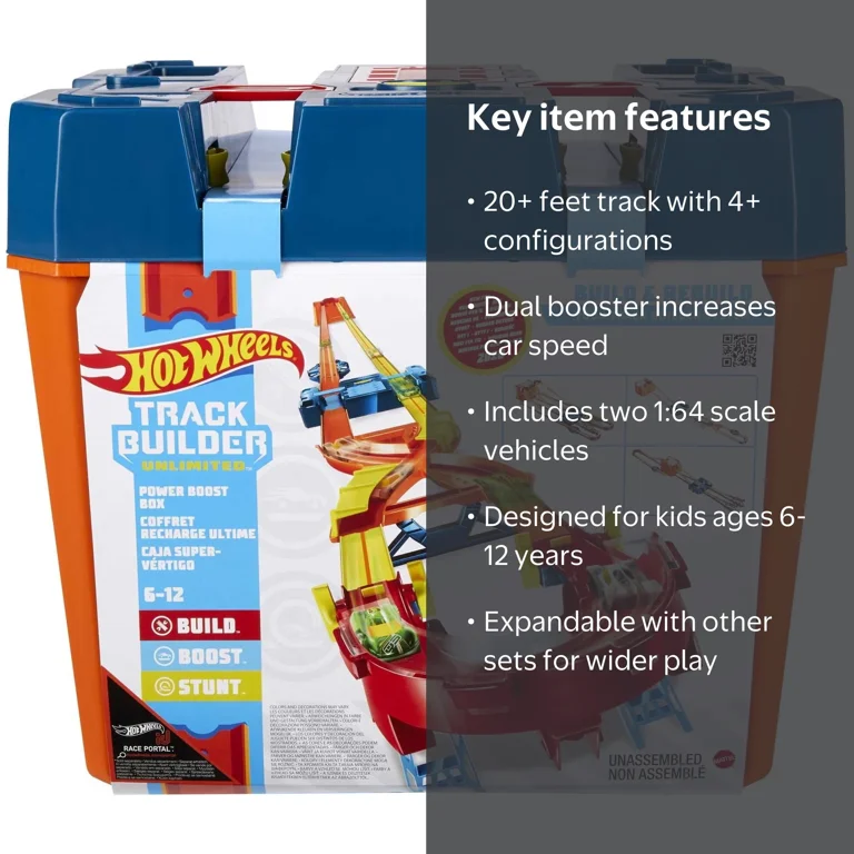 hot wheels unlimited power boost box Track Builder compatible con id Four Plus construye 20 pies de pista idea de regalo para nios de 6, 7, 8, 9, 10 y mayores : Todo lo dems One Hot Wheels vehicle is included so kids can build Mattel Hot Wheels Track Builder