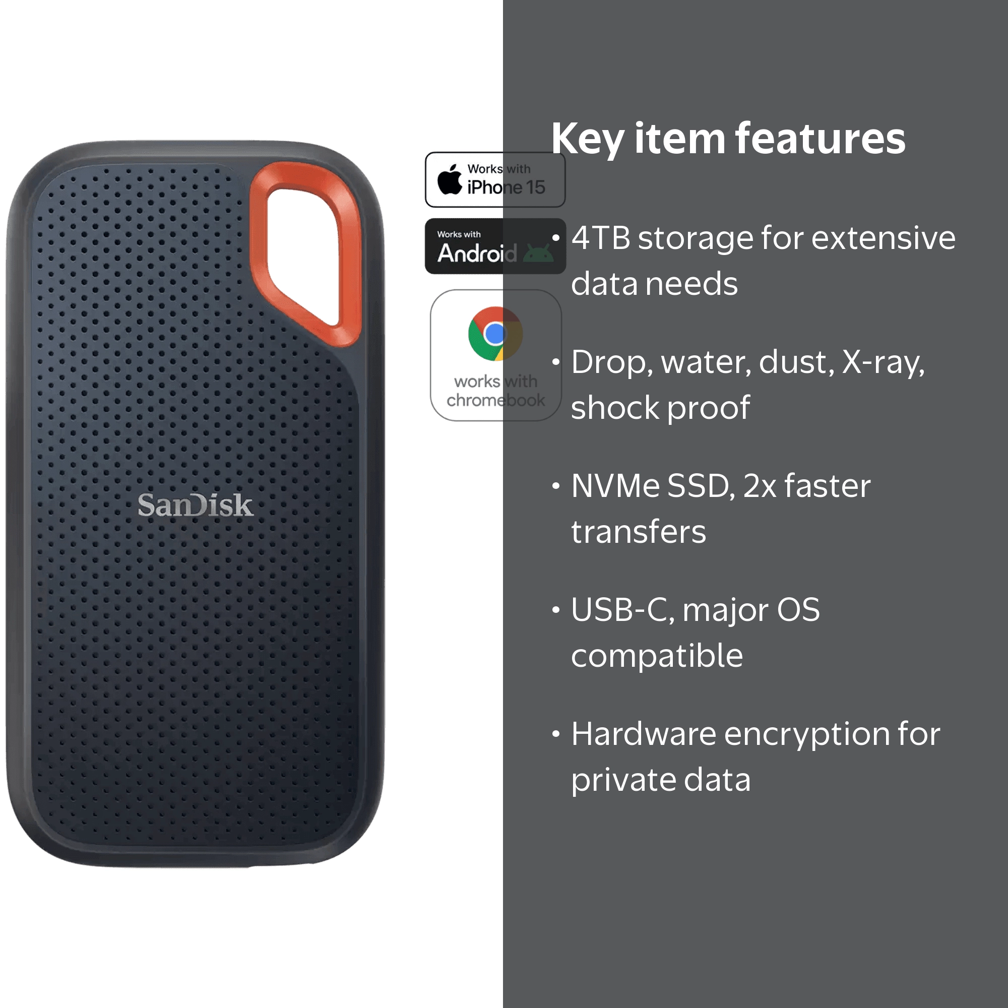 SanDisk 4TB Extreme Portable SSD, Black, NVMe Performance, Durable