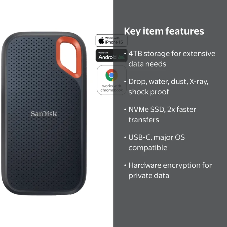 【新品未開封】SanDisk Extreme ポータブルSSD 4TB SanDisk 4TB Extreme Portable SSD, Black, NVMe Performance, Durable