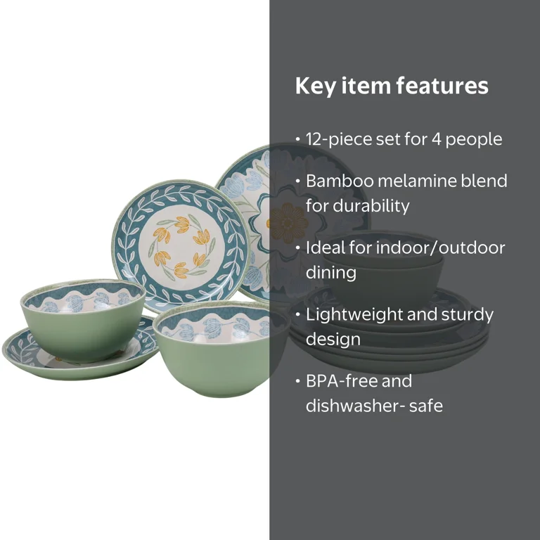 Better Homes & Gardens 12-Piece Floral Green Bamboo Melamine