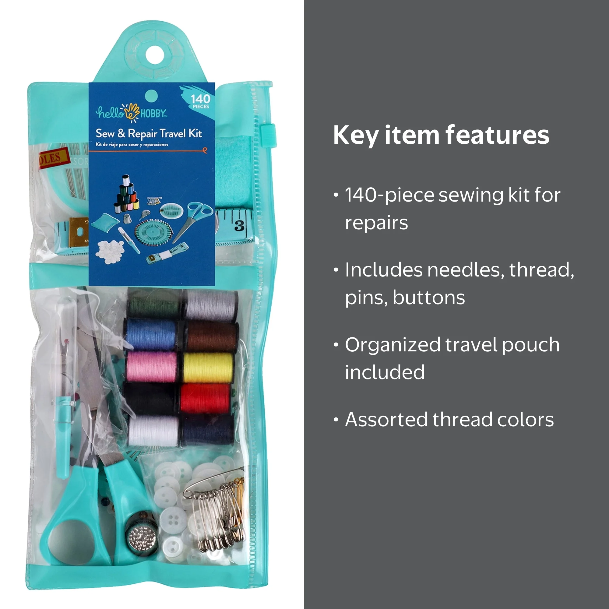 Hello Hobby Assorted Color Sew and Repair Travel Kit, 140 Pieces