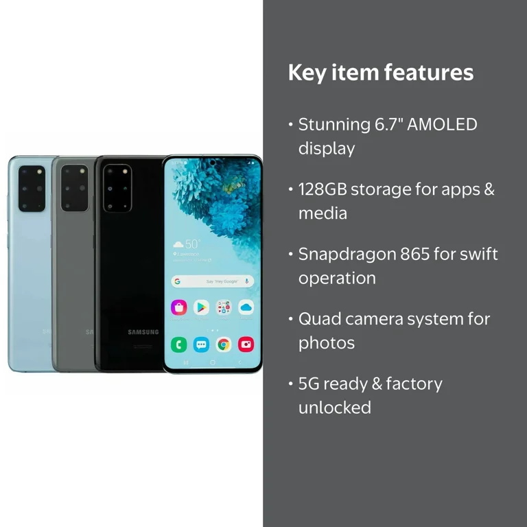 Samsung Galaxy S20+ Plus 5G, 128GB, Android 11, Ultra-Wide Quad
