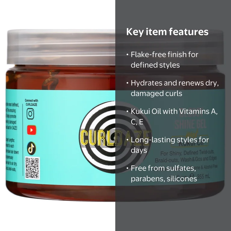 CurlDaze Glossy Shine Gel with Kukui Oil Styling Gel 12 floz