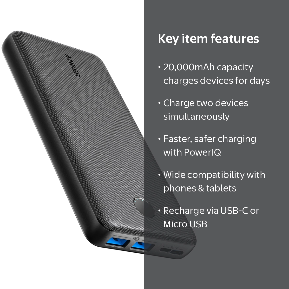 Anker Portable Charger, 20000mAh Power Bank, Dual USB Ports