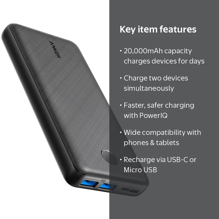 Anker Portable Charger, 20000mAh Power Bank, Dual USB Ports