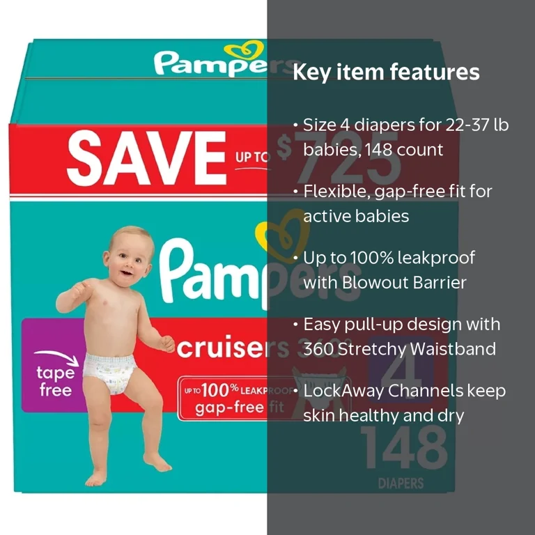 Pampers Cruisers 360 Diapers, Gap-Free Fit, Size 4, 22-37 lbs, 148