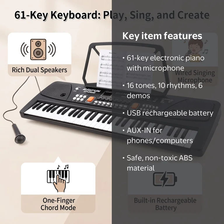 BIGFUN 61 Keys Rechargeable Kids Electronic Piano with Microphone