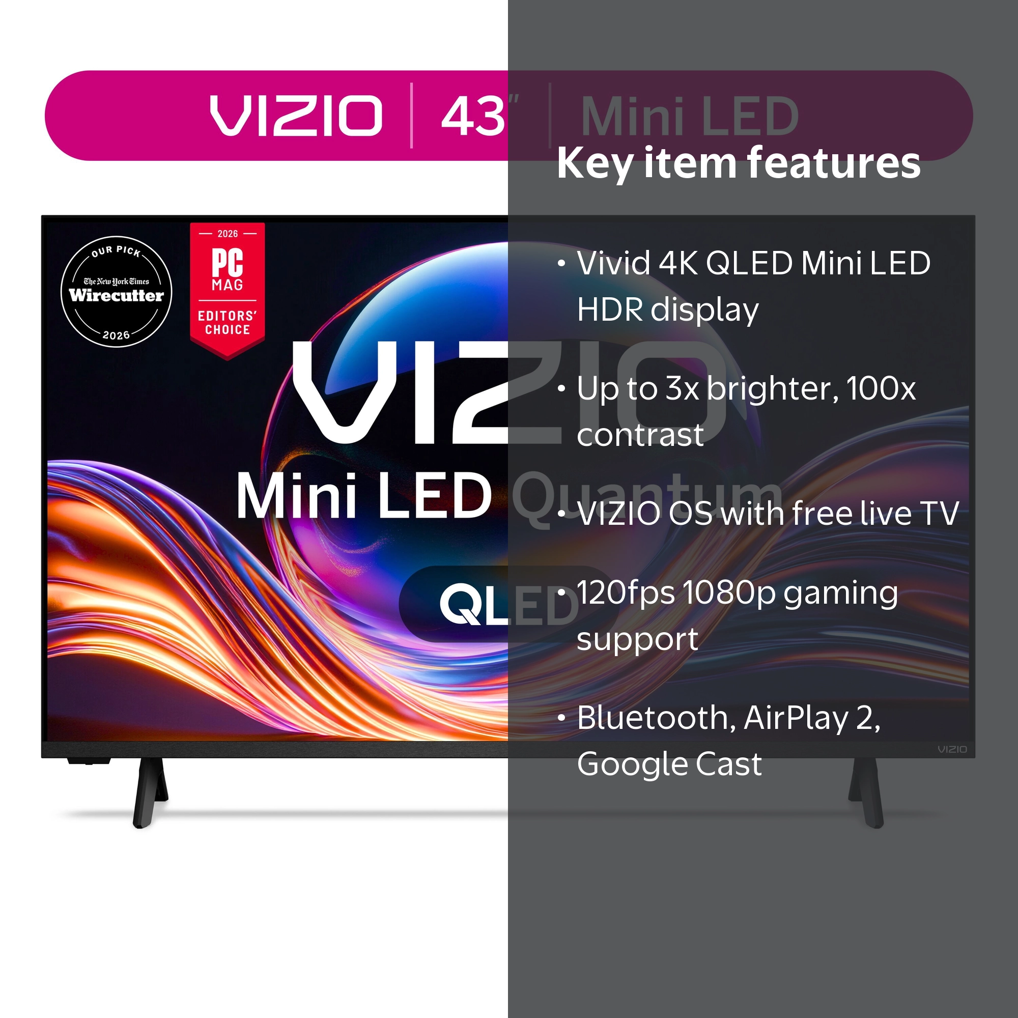 VIZIO 43” Mini LED Quantum 4K QLED HDR Smart TV (NEW 2026) VQM43C