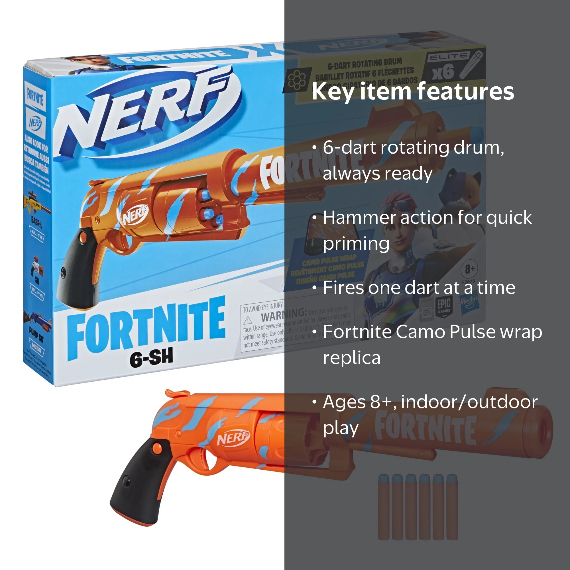 Nerf Fortnite Dart Blaster, 6 SH Rotating Drum with 6 Elite Darts