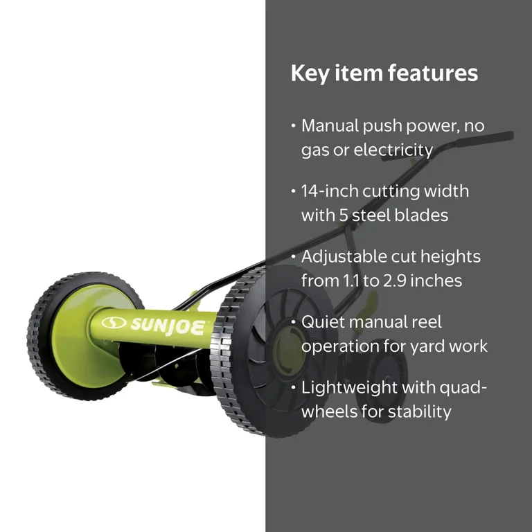 Sun Joe, Manual Reel Lawn Mower, 14-Inch, Green with Quad Wheel