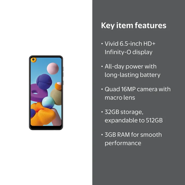 Samsung Galaxy A21, 32GB, 3GB RAM, 4G LTE, Boost Mobile, Black
