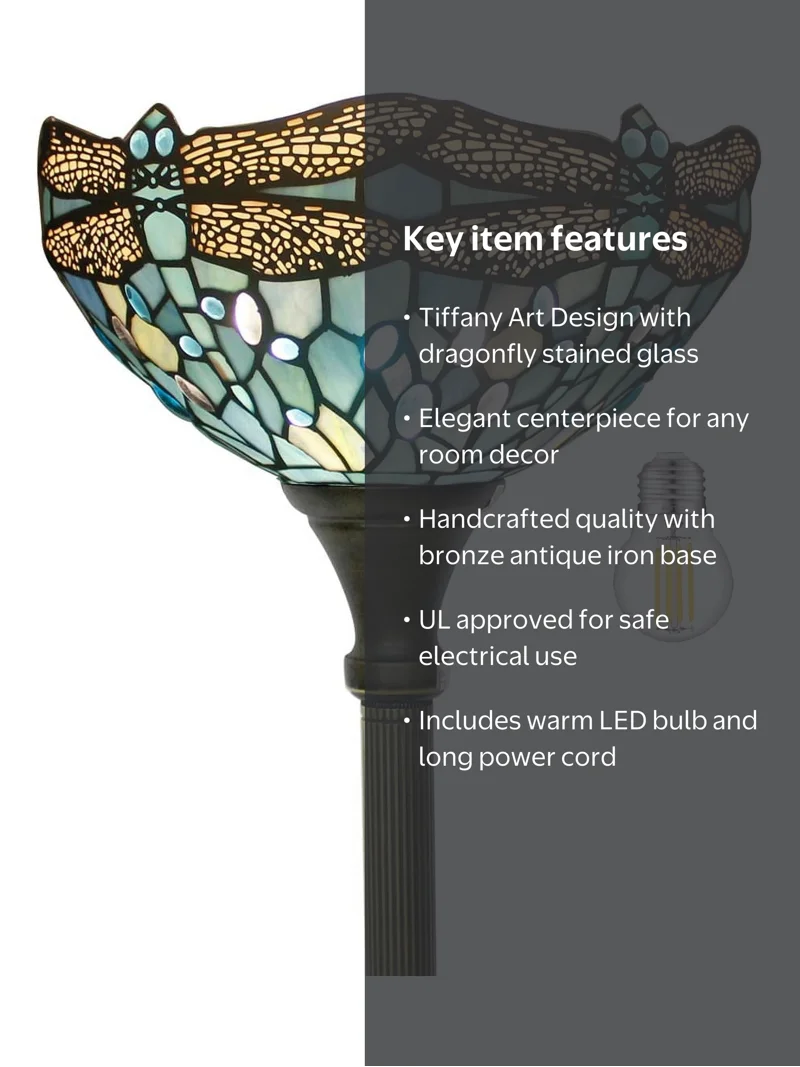 WERFACTORY Tiffany Style Floor Lamp, Sea Blue Glass Dragonfly