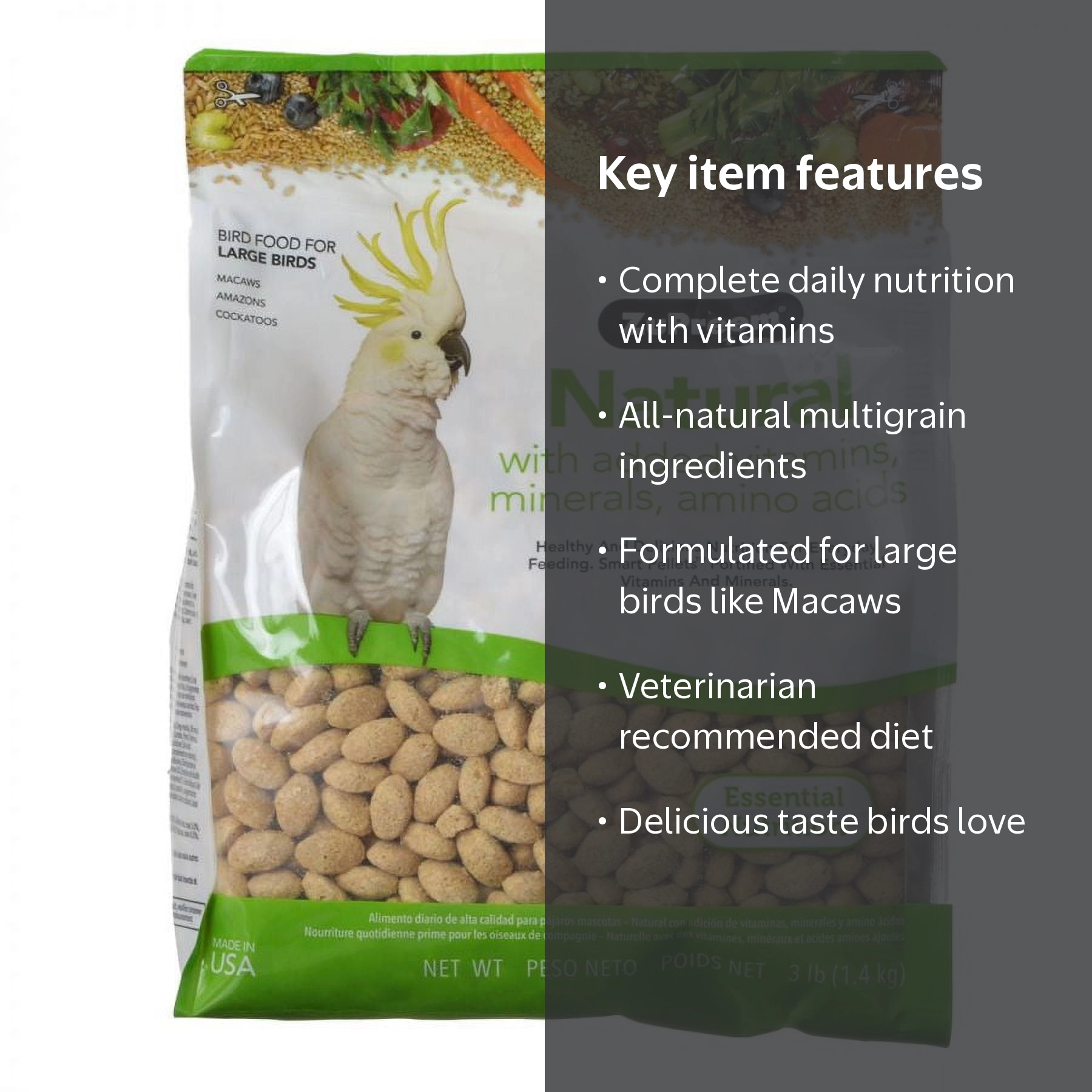 ZuPreem Natural Blend Bird Food - Large Parrot Pellets, 3lbs