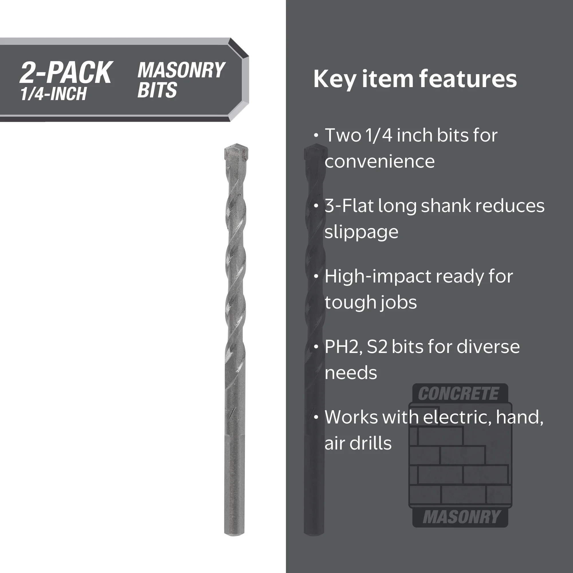 Hyper Tough 2-Pack 1/4 Inch Masonry Bits, Flat Shank Impact Driver