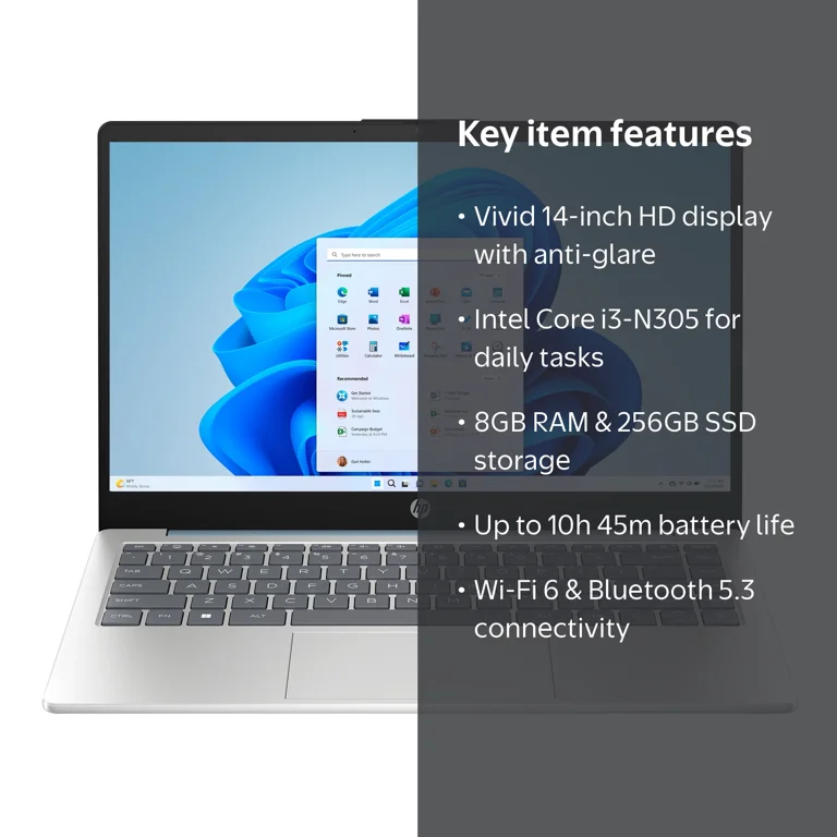 HP 14 inch Windows PC, Intel Core i3-N305, 8GB RAM, 256GB SSD