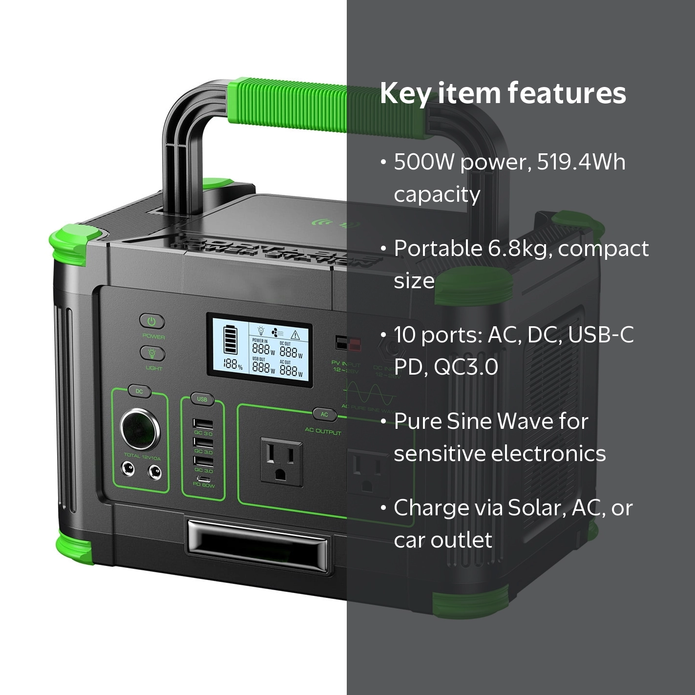 ポータブル電源 EBL Portable Power Station 500W EBL, Power Station, 500W, Portable Solar Generator Black - Walmart.com