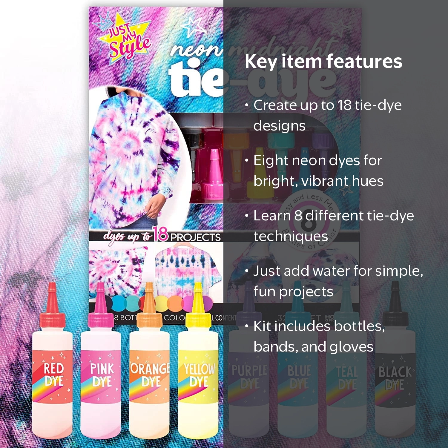 Just My Style Neon Midnight Tie-Dye DIY Tie Dye Kit Create Up to