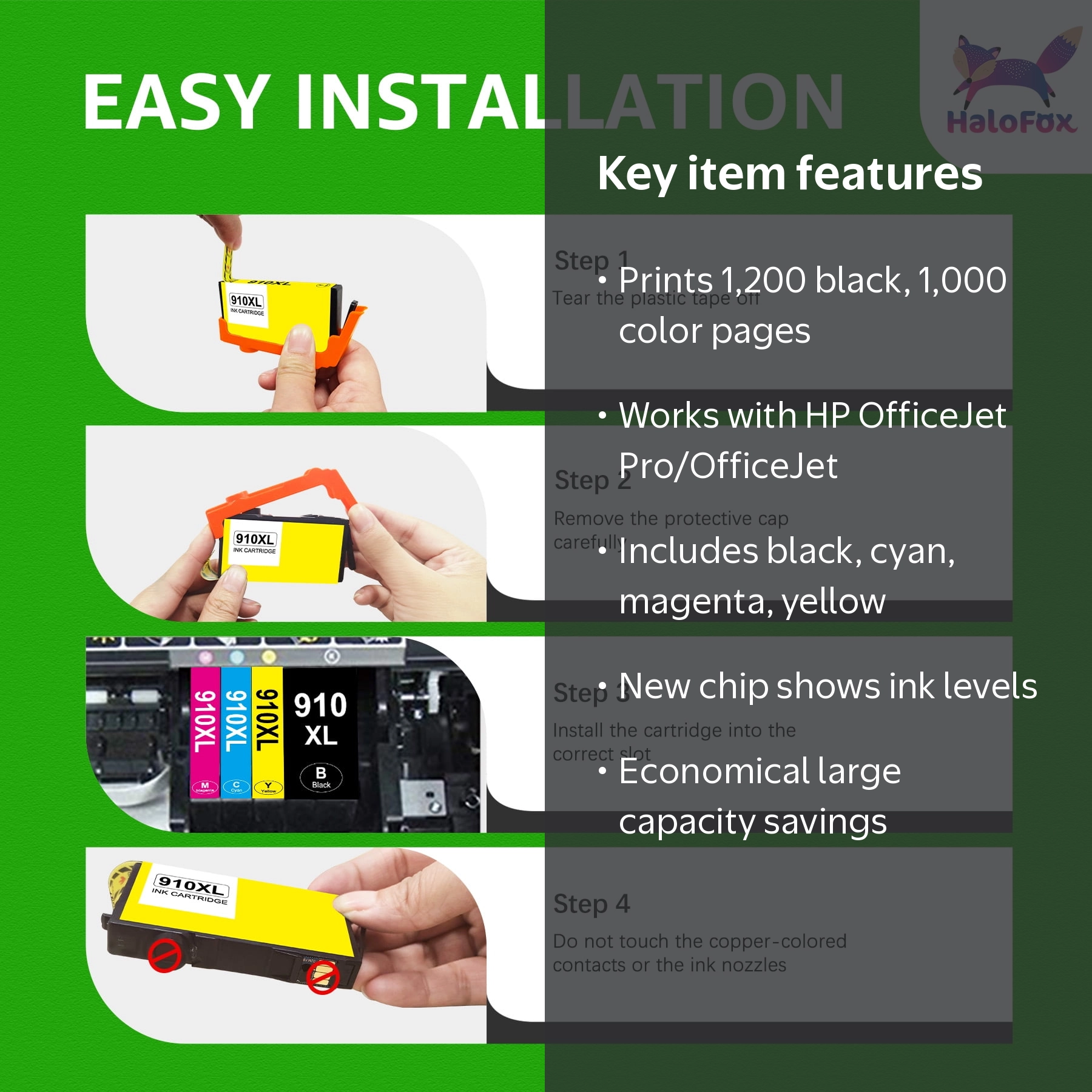 Halofox 910XL 910 Ink Cartridges, High Yield, 4-Pack, Compatible