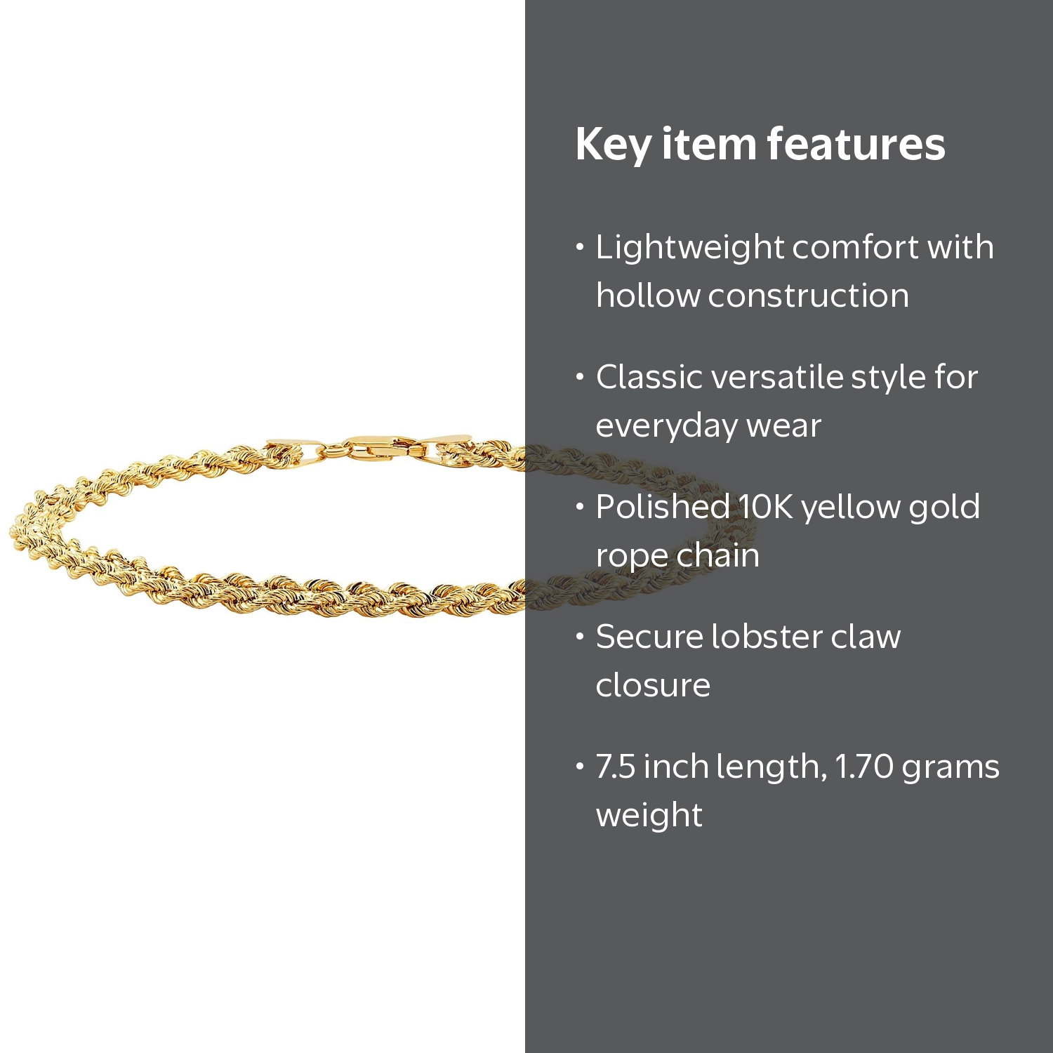 Brilliance Fine Jewelry, 10K Yellow Gold Rope Bracelet, 7.5