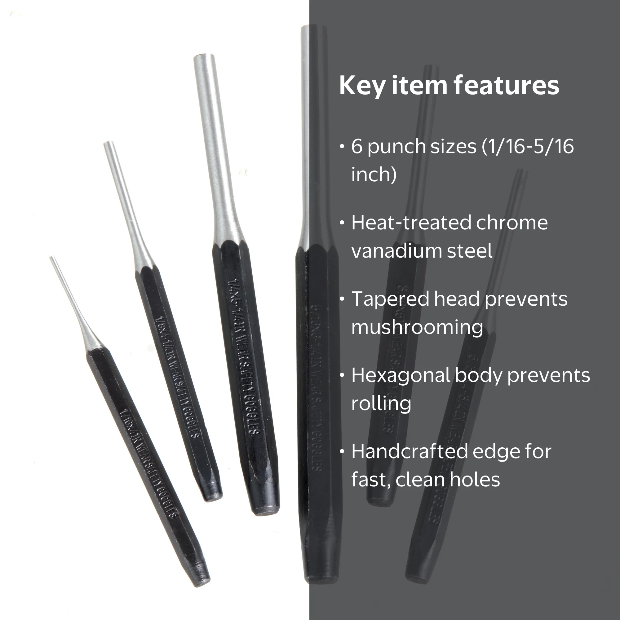 Hyper Tough 6 piece Pin Punch Set, 1/16 inch, 1/8 inch, 5/32 inch