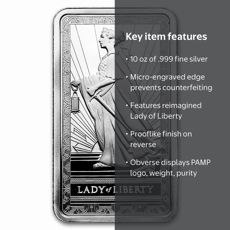 Pamp Suisse, 10 oz Silver Bar, Lady of Liberty, .999 Fine