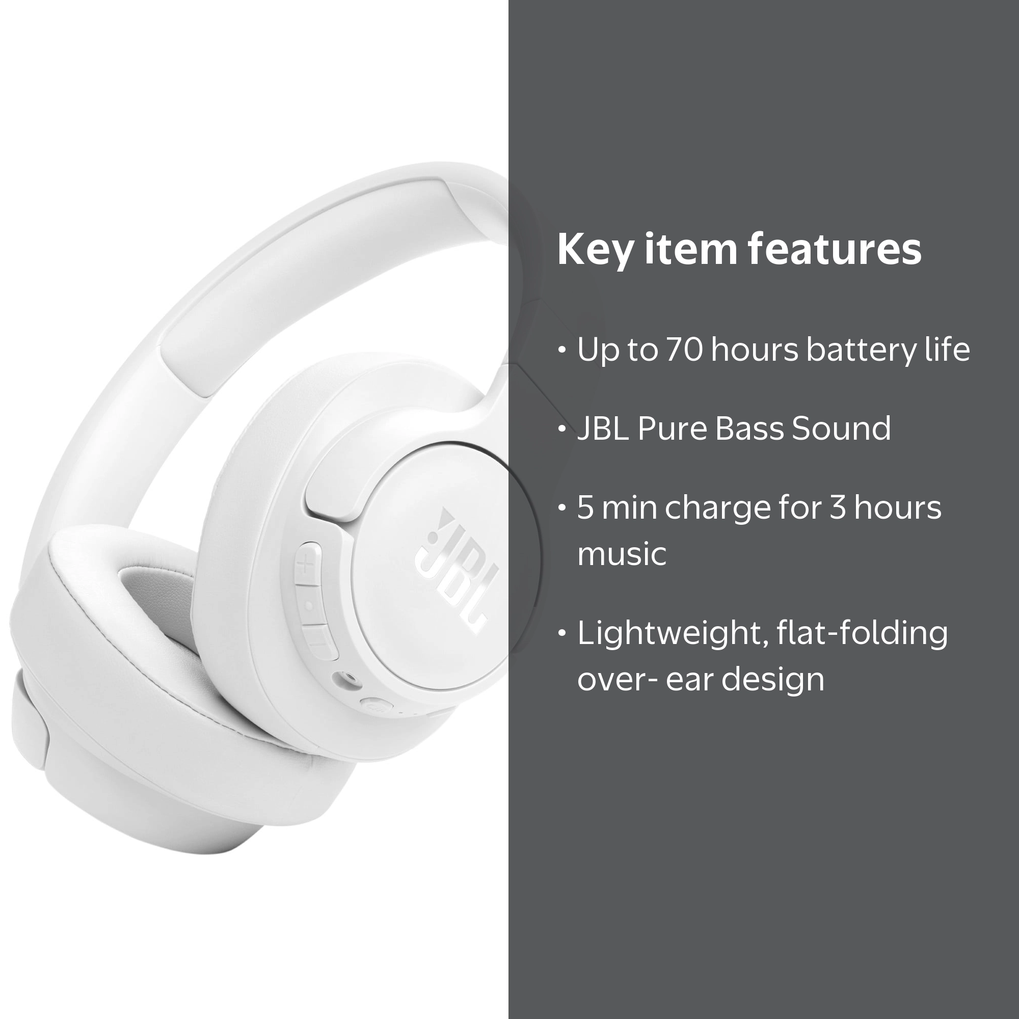 JBL, Wireless over-Ear Headphones, White, 70-hour battery