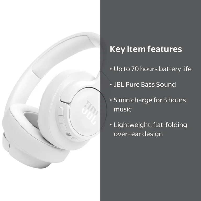 JBL, Wireless over-Ear Headphones, White, 70-hour battery