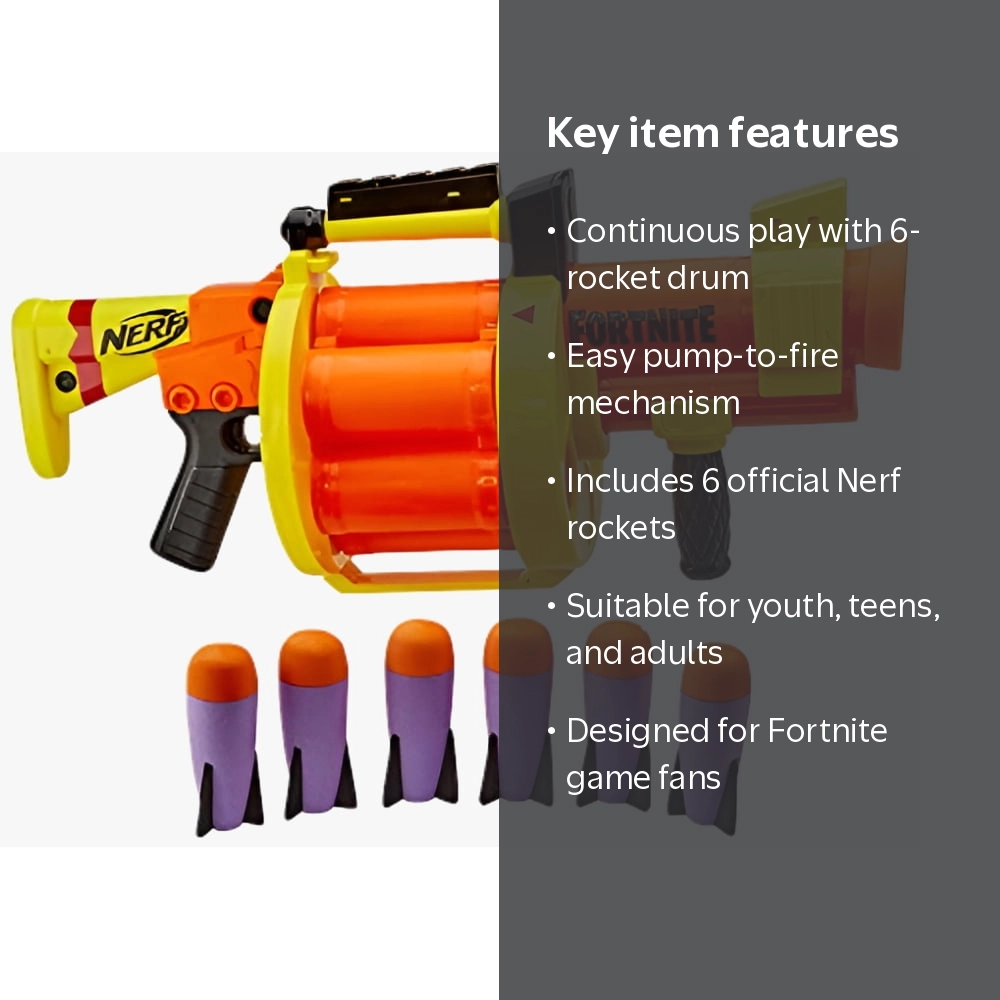 Nerf Fortnite GL Rocket Blaster, 6-Rocket Drum, Pump-to-Fire